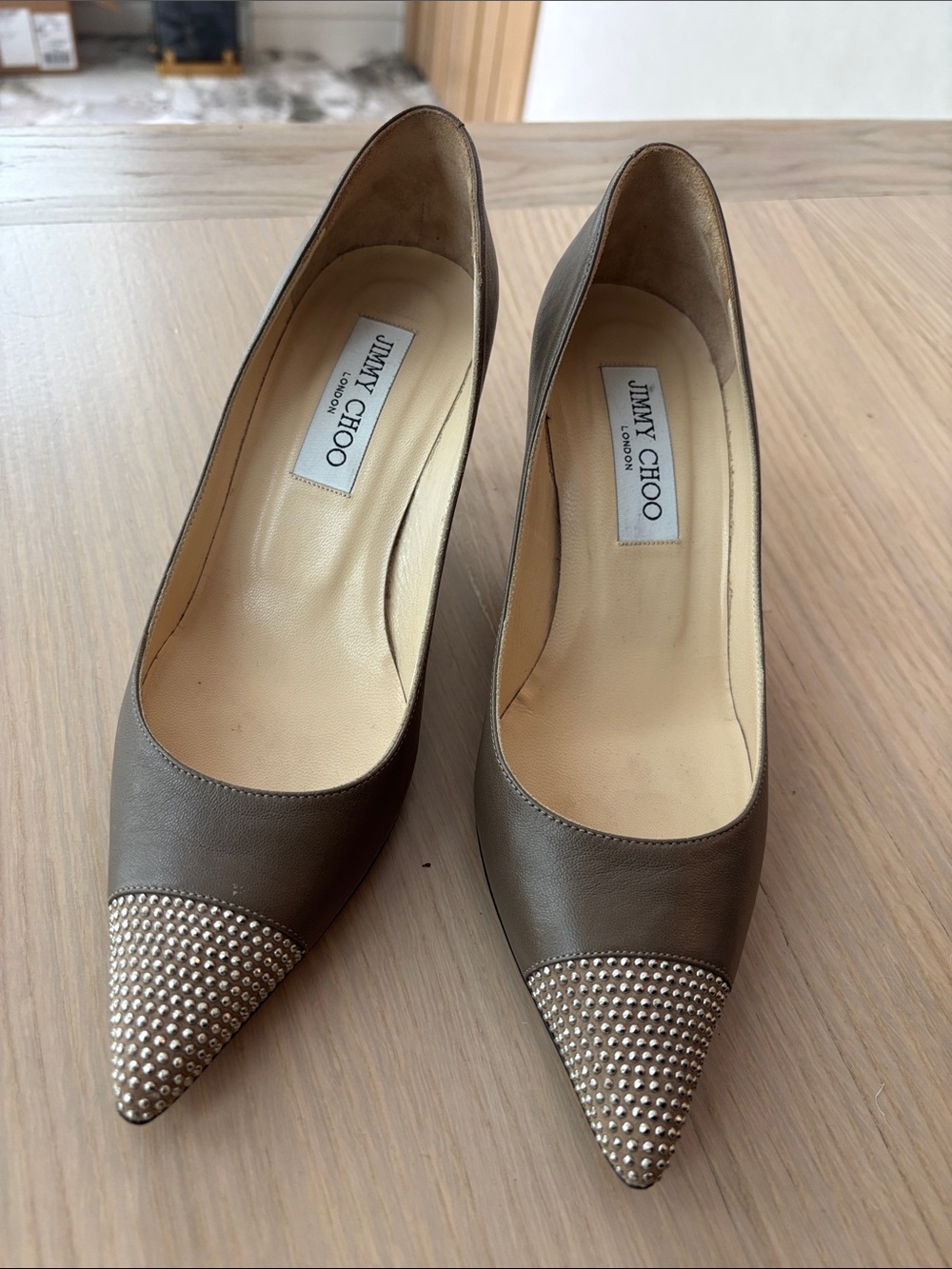 Jimmy Choo Taupe Pointed Toe Studded Cap Pumps